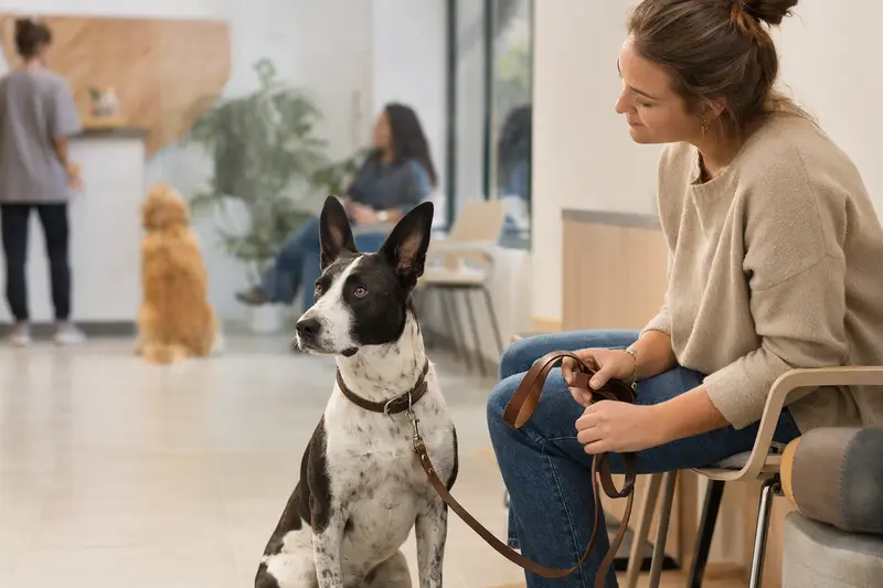 Ein Perro de Ganado Majorero sitzt ruhig neben seinem Besitzer im hellen Wartezimmer einer modernen Tierarztpraxis.
